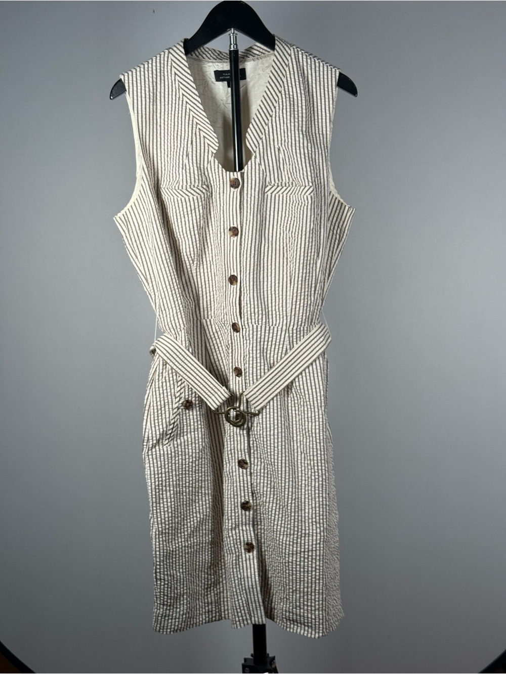 Sleeveless Striped Seersucker Dress with Pockets and Belt - Size 12